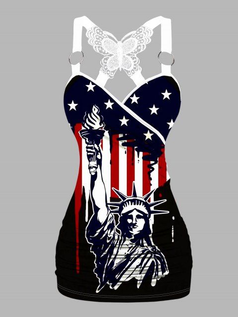 American Flag Statue of Liberty Pattern Butterfly Lace Ruched Independence Day Tank Top Star Stripe Print O Ring Surplice Long Patriotic Tank Top