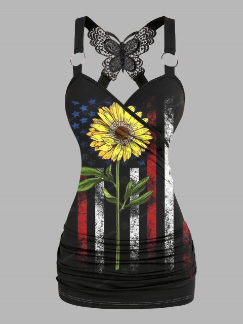 American Flag Sunflower Pattern Butterfly Lace Ruched Independence Day Tank Top Star Stripe Print O Ring Surplice Long Patriotic Tank Top