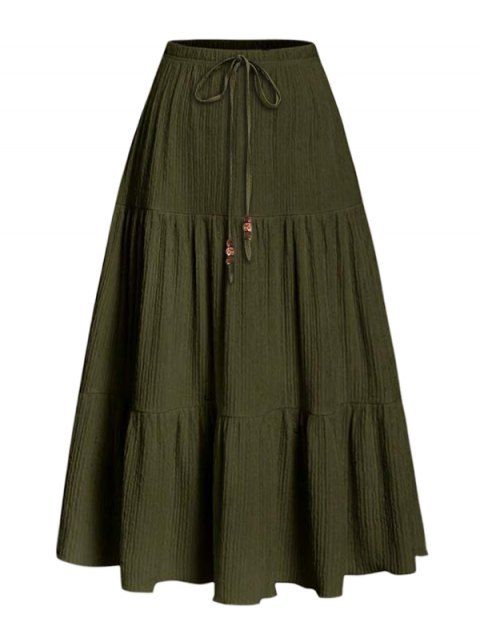 Solid Color Textured Beaded Bowknot Vacation Skirt Elastic High Waisted Tiered A Line Midi Skirt