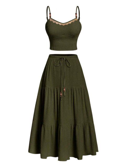 Vacation Outfit Textured Lace Scalloped Beaded Spaghetti Strap Crop Tank Top and Solid Color Bowknot Skirt Matching Outfit