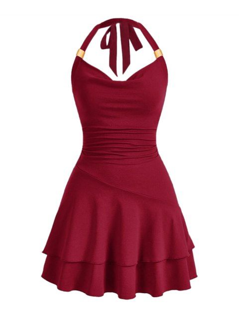 Solid Color Halter Party Dress Draped Layer Dress Ruched A Line Mini Prom Dress
