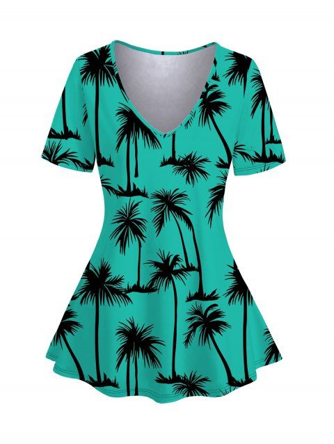 Allover Palm Tree Pattern Hawaii T Shirt V Neck Short Sleeve Vacation Tee