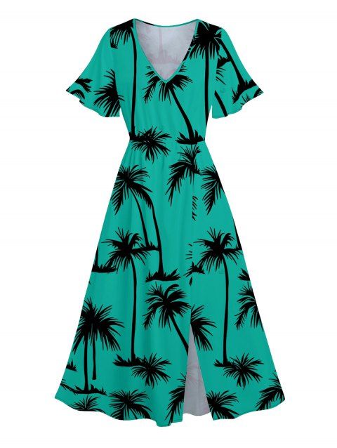 Allover Palm Tree Pattern Short Flare Sleeve Slit Hawaii Dress V Neck High Waisted A Line Vacation Dress