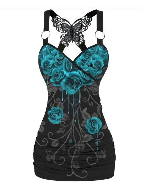Rose Print Ruched Butterfly Lace Cross Tank Top O Ring Surplice Summer Top