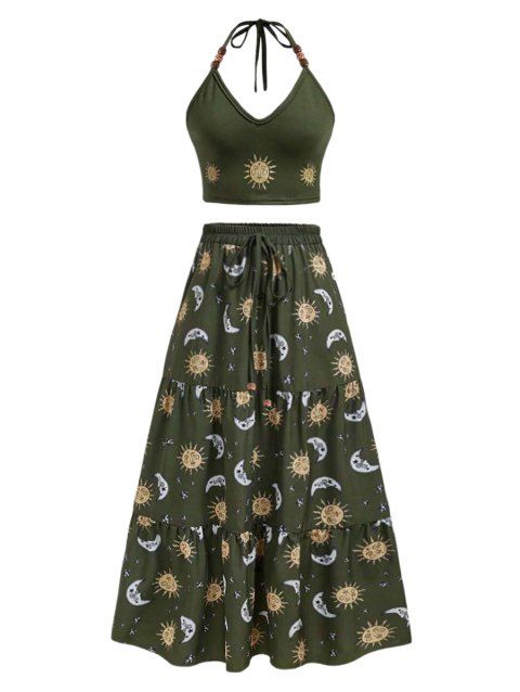 Vacation Outfit Retro Sun Pattern Beaded Halter Tank Top and Celestic Sun Moon Print Bowknot Drawstrings A Line Midi Skirt Matching Outfit