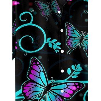 Men's Colored Butterfly Leaf Printed Gothic Shirt Roll Up Sleeve Button Up Casual Shirt