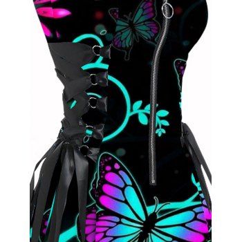 Colored Butterfly Leaf Printed Half Zipper Lace Up Gothic Dress Adjustable Strap A Line Sleeveless Mini Dress