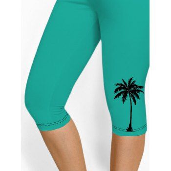Coconut Tree Pattern Elastic High Waisted Hawaii Capri Pants Cropped Leggings