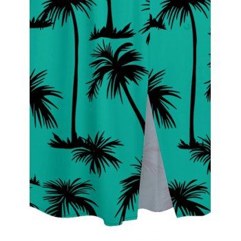 Allover Palm Tree Pattern Short Flare Sleeve Slit Hawaii Dress V Neck High Waisted A Line Vacation Dress