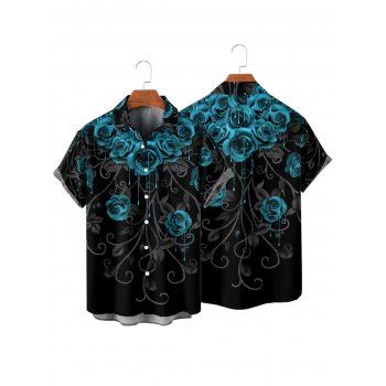 Men's Rose Print Roll Up Sleeve Shirt Button Up Short Sleeve Casual Gentleman Shirt
