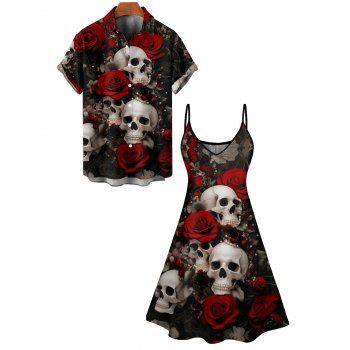 Gothic Couple Outfit Allover Skulls Rose Print Spaghetti Strap A Line Mini Tank Dress and Roll Up Sleeve Shirt Matching Outfit