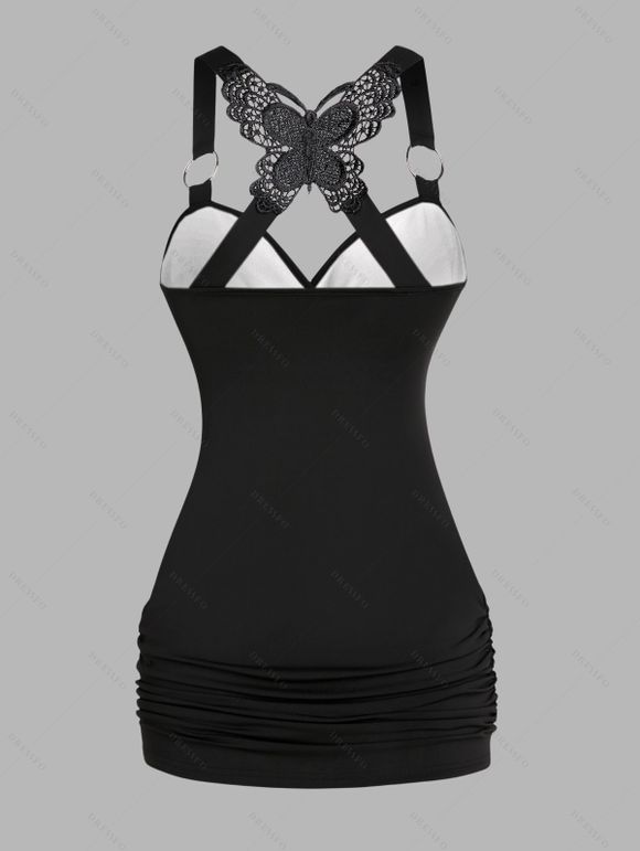 Débardeur Long Superposé Papillon Etoile Imprimée en Dentelle - Noir XXL | US 14