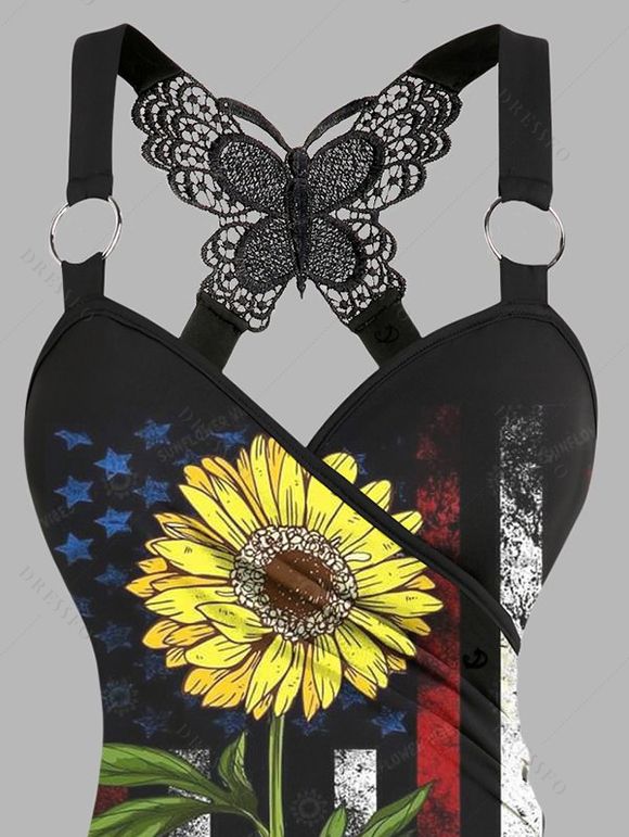 Débardeur Long Superposé Papillon Etoile Imprimée en Dentelle - Noir XXL | US 14