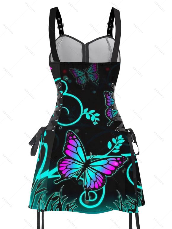 Mini Robe Gothique Ligne A à Bretelle Ajustable Feuille Colorée Imprimée à Lacets sans Manches - multicolor S | US 4