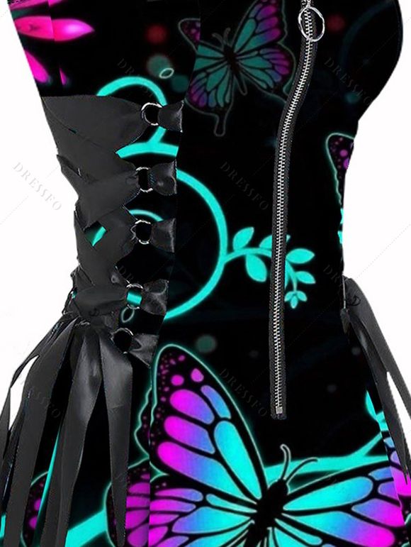 Mini Robe Gothique Ligne A à Bretelle Ajustable Feuille Colorée Imprimée à Lacets sans Manches - multicolor S | US 4