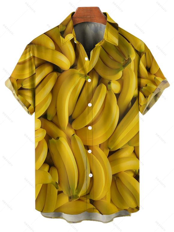 Chemise de Vacances Décontractée Boutonnée Motif de Banane à Manches Roulées pour Homme - Jaune 4XL