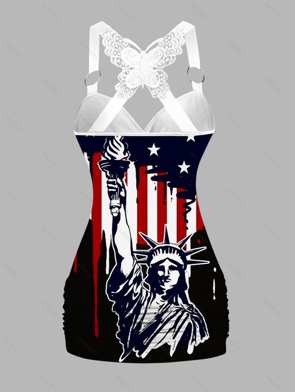Débardeur Long Superposé Papillon Statue de la Liberté et Drapeau Américain Imprimés - Noir L | US 8-10