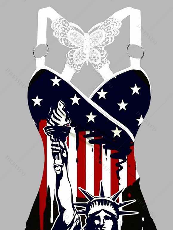 Débardeur Long Superposé Papillon Statue de la Liberté et Drapeau Américain Imprimés - Noir L | US 8-10