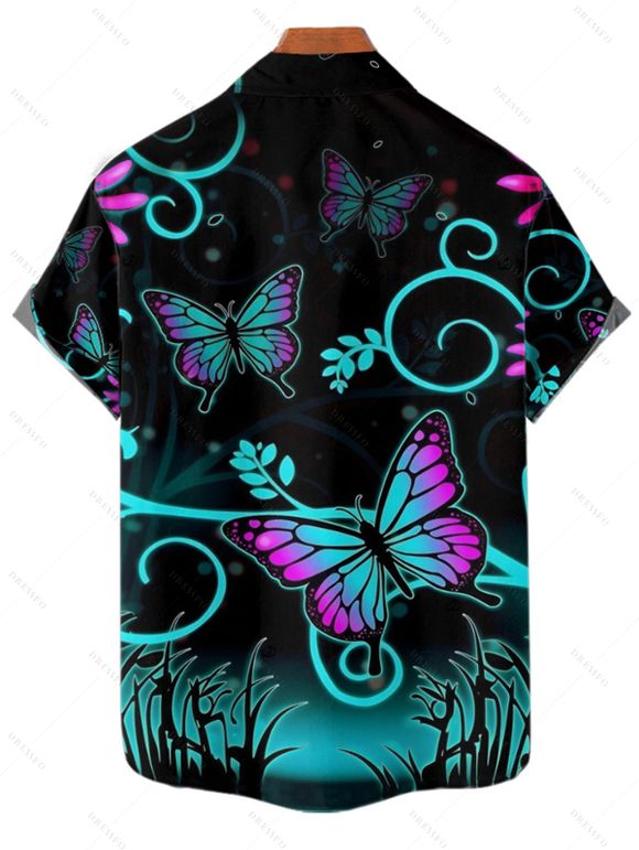 Chemise Décontractée Feuille et Papillon Coloré Imprimés à Manches Roulées - multicolor XL