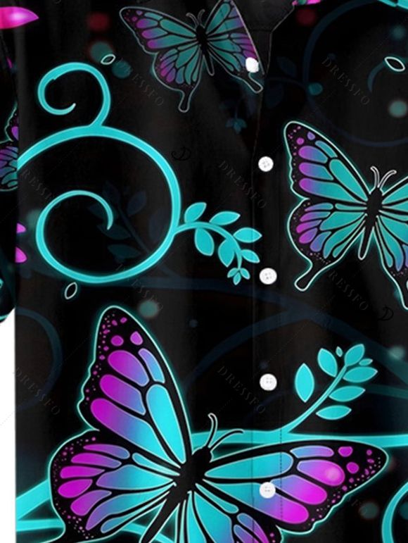 Chemise Décontractée Feuille et Papillon Coloré Imprimés à Manches Roulées - multicolor XL