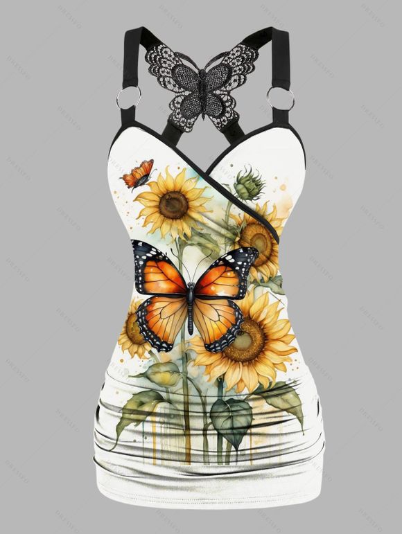 Vacation Outfit Butterfly Sunflower Leaf Print Lace O Ring Strap Ruched Surplice Long Tank Top and Lace Up Pockets Demin Flare Jeans Matching Outfit - multicolor S | US 4