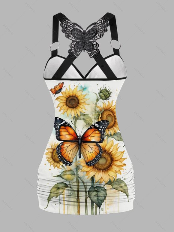 Vacation Outfit Butterfly Sunflower Leaf Print Lace O Ring Strap Ruched Surplice Long Tank Top and Lace Up Pockets Demin Flare Jeans Matching Outfit - multicolor S | US 4