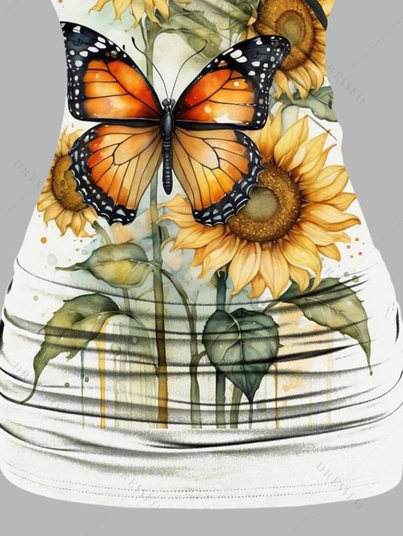 Vacation Outfit Butterfly Sunflower Leaf Print Lace O Ring Strap Ruched Surplice Long Tank Top and Lace Up Pockets Demin Flare Jeans Matching Outfit - multicolor S | US 4