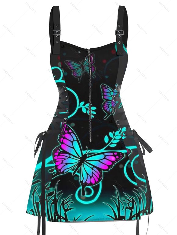 Gothic Couple Outfit Butterfly Leaf Printed Half Zipper Lace Up Adjustable Strap Mini Dress and Roll Up Sleeve Shirt Casual Matching Outfit - multicolor S | US 4