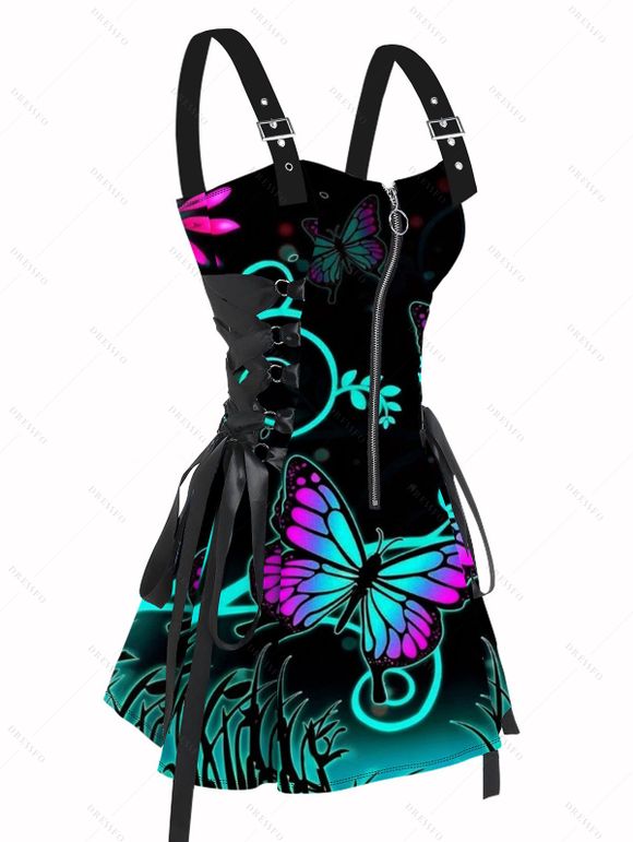 Gothic Couple Outfit Butterfly Leaf Printed Half Zipper Lace Up Adjustable Strap Mini Dress and Roll Up Sleeve Shirt Casual Matching Outfit - multicolor S | US 4