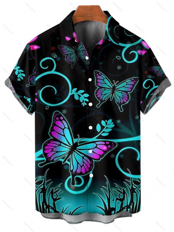 Gothic Couple Outfit Butterfly Leaf Printed Half Zipper Lace Up Adjustable Strap Mini Dress and Roll Up Sleeve Shirt Casual Matching Outfit - multicolor S | US 4