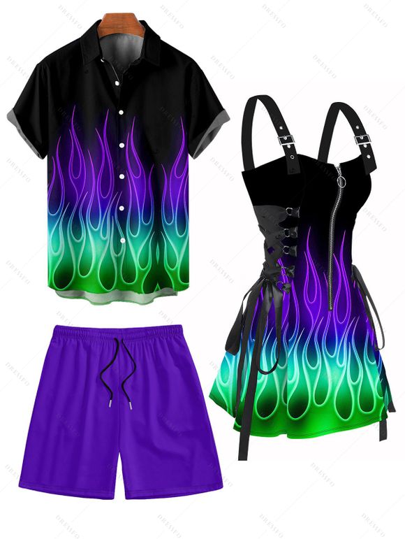 Music Festival Couple Outfit Colorful Flame Pattern O-Ring Half Zipper Lace Up Dress and Roll Up Sleeve Solid Color Drawstring Shorts Matching Outfit - Noir S | US 4