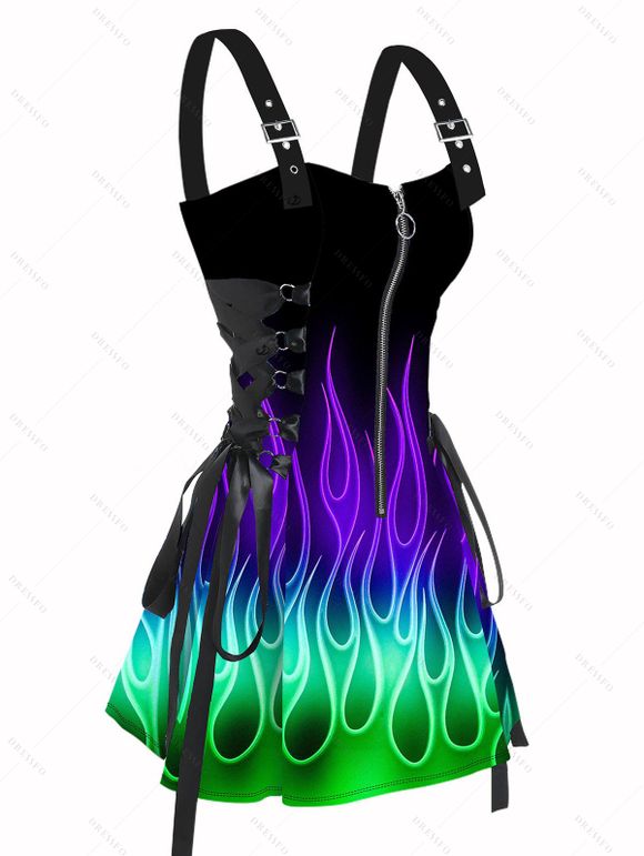 Music Festival Couple Outfit Colorful Flame Pattern O-Ring Half Zipper Lace Up Dress and Roll Up Sleeve Solid Color Drawstring Shorts Matching Outfit - Noir S | US 4