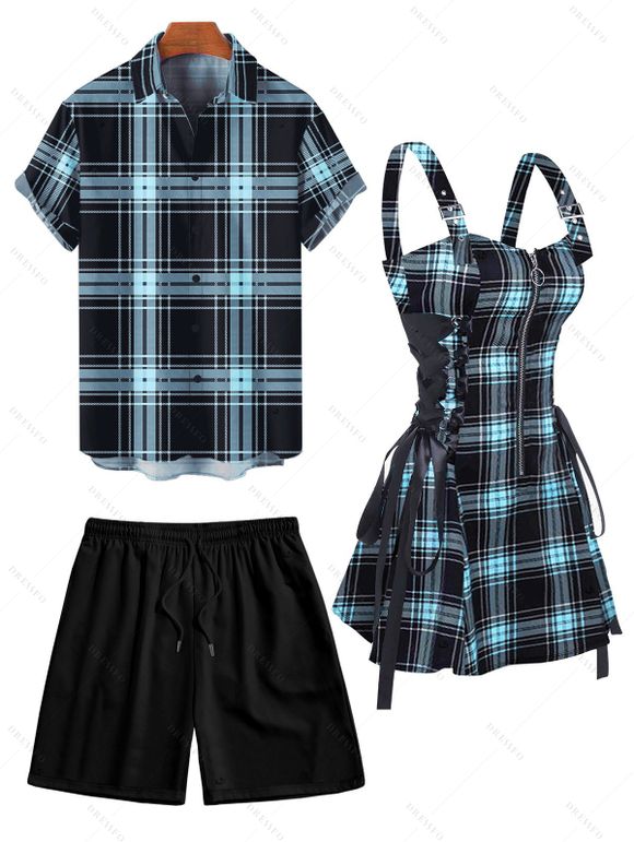 Vintage Couple Outfit Plaid Plaid Print Lace Up O Ring Half Zipper Buckle Strap Dress and Roll Up Sleeve Solid Color Shorts Vacation Matching Outfit - Bleu clair S | US 4