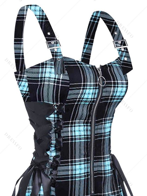 Vintage Couple Outfit Plaid Plaid Print Lace Up O Ring Half Zipper Buckle Strap Dress and Roll Up Sleeve Solid Color Shorts Vacation Matching Outfit - Bleu clair S | US 4