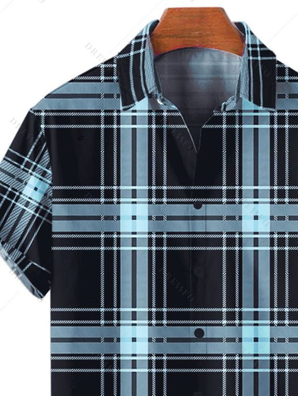 Vintage Couple Outfit Plaid Plaid Print Lace Up O Ring Half Zipper Buckle Strap Dress and Roll Up Sleeve Solid Color Shorts Vacation Matching Outfit - Bleu clair S | US 4