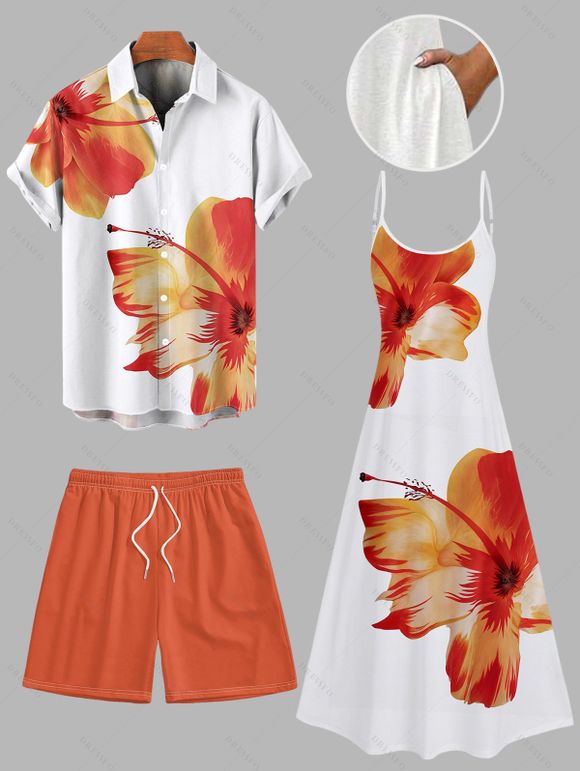 Vacation Couple Outfit Tropical Floral Pattern Spaghetti Strap Pocket A Line Long Dress and Roll Up Sleeve Solid Color Drawstrings Shorts Matching Outfit - Orange S | US 4