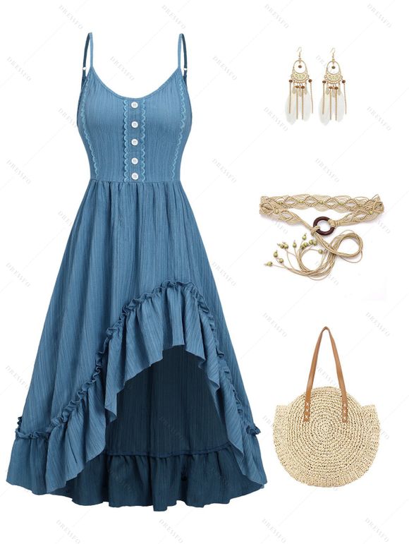 Vacation Outfit Textured Mock Button High Low Asymmetrical Ruffle Hem Dress and Feather Chained Earrings Braided Bead Hollow Out Tassel Belt Shoulder Bag Matching Outfit - Bleu Ciel S | US 4