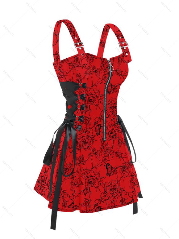 Gothic Couple Outfit Rose Butterfly Print Buckle Strap Lace Up Half Zipper Mini Dress and Roll Up Sleeve Solid Color Shorts Vacation Matching Outfit - Rouge S | US 4