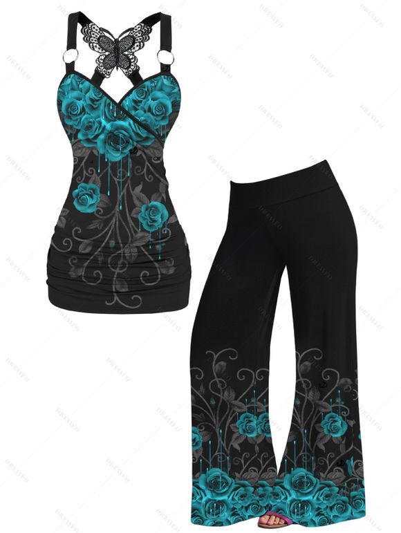 Gothic Outfit Rose Print Ruched Butterfly Lace Cross O Ring Strap Tank Top and Elastic High Waisted Wide Leg Pants Casual Matching Outfit - Vert clair S | US 4