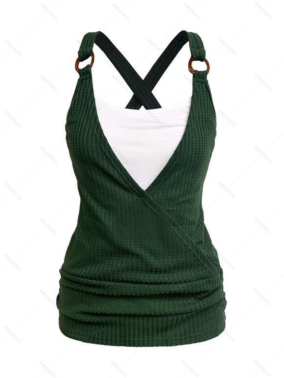 Casual Outfit Colorblock Textured Crossover O Ring Strap Ruched Long Faux Twinset Tank Top Lace Up Capri Pants and Sequins Butterfly Earrings Outfit - Vert profond S | US 4