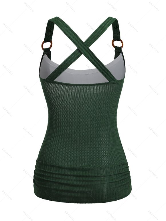 Casual Outfit Colorblock Textured Crossover O Ring Strap Ruched Long Faux Twinset Tank Top Lace Up Capri Pants and Sequins Butterfly Earrings Outfit - Vert profond S | US 4