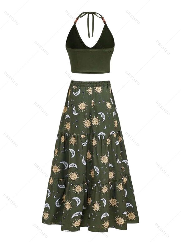 Vacation Outfit Retro Sun Pattern Beaded Halter Tank Top and Celestic Sun Moon Print Bowknot Drawstrings A Line Midi Skirt Matching Outfit - Vert profond S | US 4