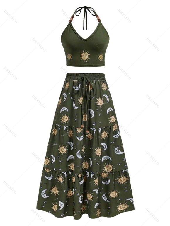 Vacation Outfit Retro Sun Pattern Beaded Halter Tank Top and Celestic Sun Moon Print Bowknot Drawstrings A Line Midi Skirt Matching Outfit - DEEP GREEN S | US 4