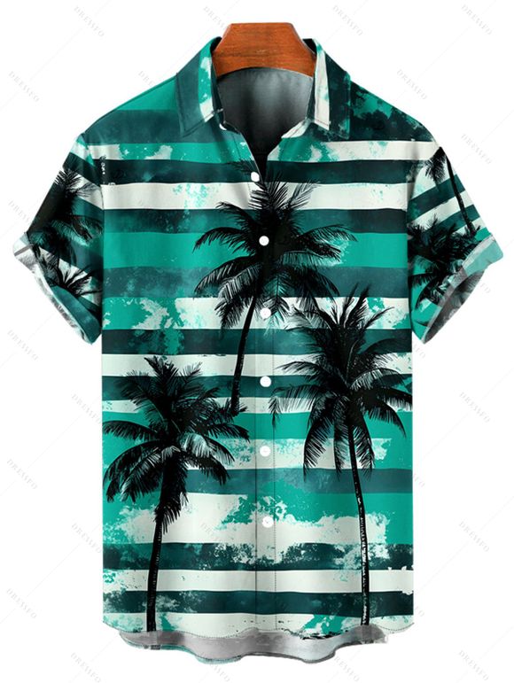 Chemise de Vacances Rayée Hawaï Palmier Imprimé Boutonnée à Manches Roulées - Vert profond 4XL