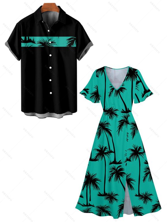 Hawaii Couple Outfit Palm Tree Pattern Short Flare Sleeve Slit V Neck A Line Dress and Roll Up Sleeve Shirt Matching Outfit - Vert profond S | US 4