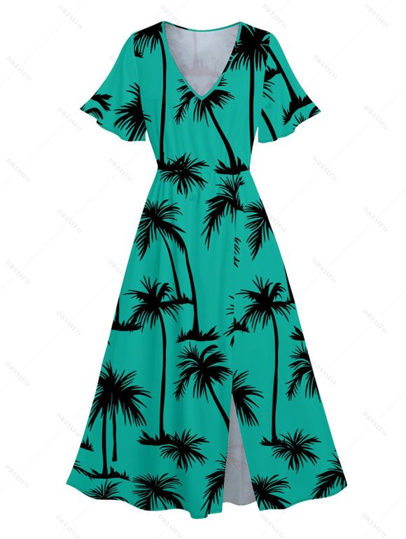 Hawaii Couple Outfit Palm Tree Pattern Short Flare Sleeve Slit V Neck A Line Dress and Roll Up Sleeve Shirt Matching Outfit - Vert profond S | US 4
