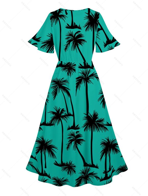 Hawaii Couple Outfit Palm Tree Pattern Short Flare Sleeve Slit V Neck A Line Dress and Roll Up Sleeve Shirt Matching Outfit - Vert profond S | US 4