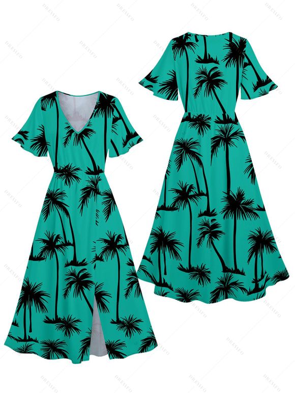 Hawaii Couple Outfit Palm Tree Pattern Short Flare Sleeve Slit V Neck A Line Dress and Roll Up Sleeve Shirt Matching Outfit - Vert profond S | US 4
