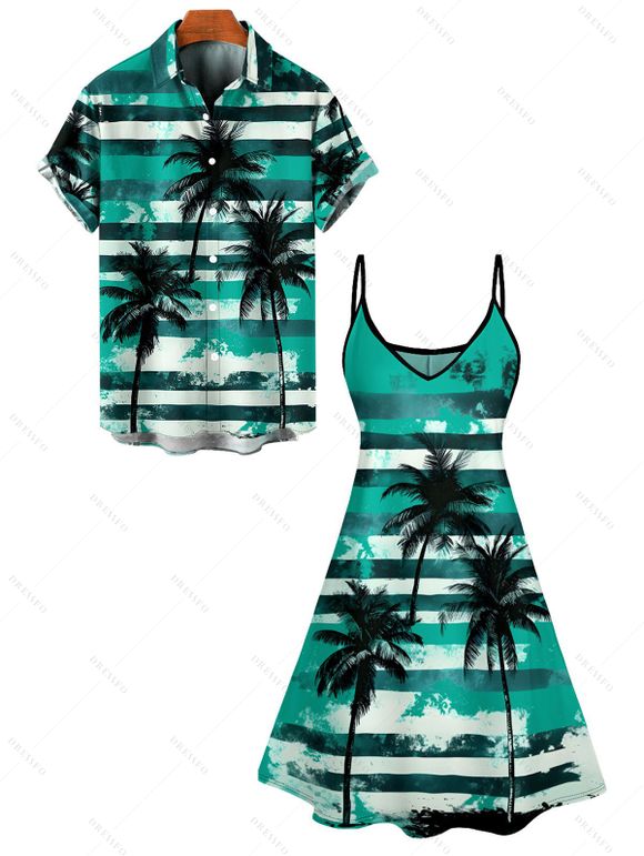 Hawaii Couple Outfit Striped Printed Palm Tree Pattern Spaghetti Strap A Line Mini Dress and Roll Up Sleeve Shirt Vacation Matching Outfit - Vert profond S | US 4