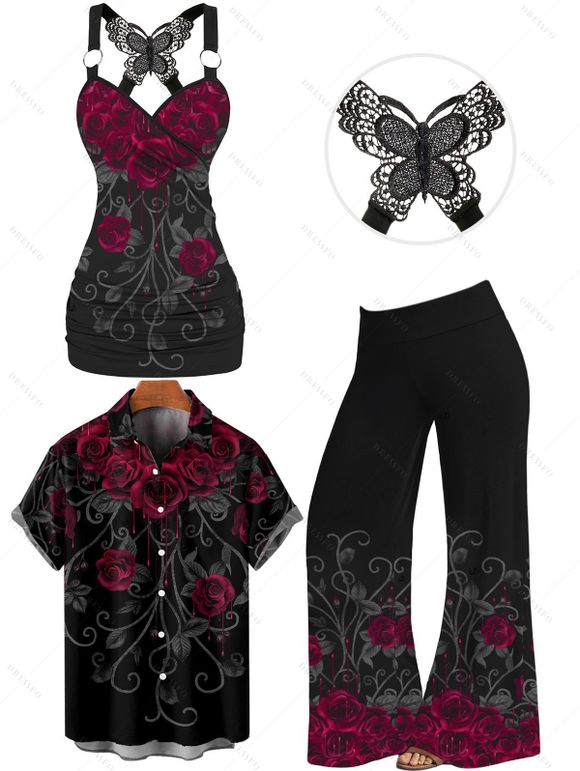 Gothic Couple Outfit Rose Print Ruched Butterfly Lace Cross O Ring Top Floral Leaf Pattern Wide Leg Pants and Roll Up Sleeve Shirt Matching Outfit - Noir S | US 4